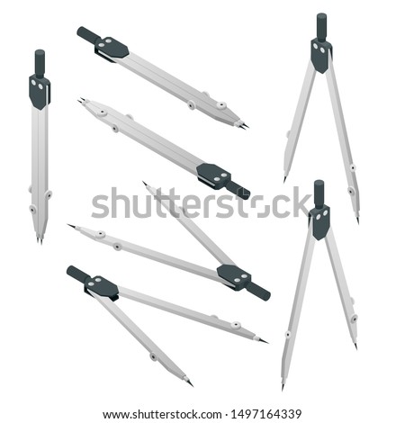 Isometric set of Precision pencil compass icons. Hand delimiters, tool draftsman's instrument, circinus, dividers