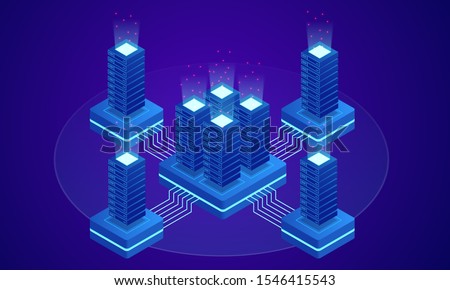 Big data storage and cloud computing technology, machine learning, artificial intelligence concept. Data center room with abstract data servers and glowing led indicators