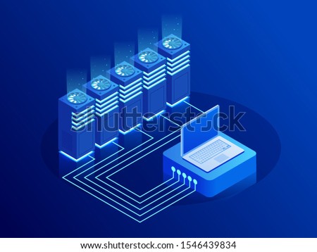 Big data storage and cloud computing technology, machine learning, artificial intelligence concept. Data center room with abstract data servers and glowing led indicators