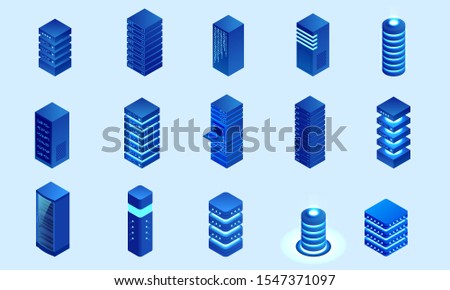 Isometric Set Server or Hardware Equipment isolated on background. Datacenter storage room objects.