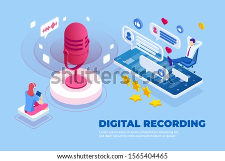 Isometric digital recording and digital sound wave concept. Musical melody design. Soundwave audio music. Voice message or recording voice.