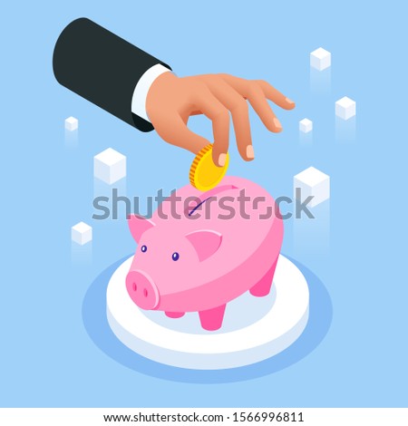 Saving money isometric concept. Piggy bank with falling gold coins.