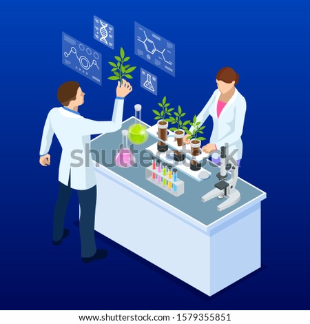 Isometric concept of laboratory exploring new methods of plant breeding and agricultural genetics. Plants growing in the test tubes.