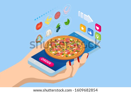 Isometric Online Pizza Order mobile app templates. Free delivery, Fast food delivery online service.