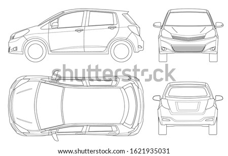Subcompact hatchback car in outline. Compact Hybrid Vehicle. Eco-friendly hi-tech auto. Easy to change the thickness of the lines. Template vector isolated on white View front, rear, side, top