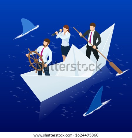 Isometric Businessmen on paper boat. Business team overcomes difficulties and risks. Visionary leading team, teamwork concept.
