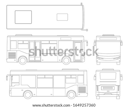 Passenger outline City Bus for branding identity and advertising design on transport. Blank City Bus side view, front, rear and from above. Blank City Bus template isolated on white background.