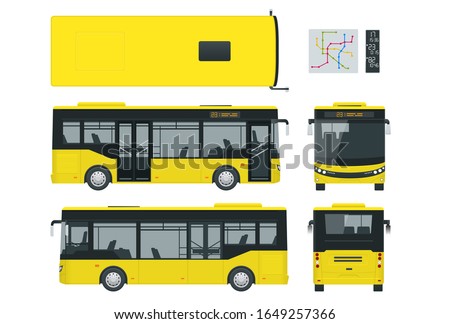 Passenger City Bus for branding identity and advertising design on transport. Blank City Bus side view, front, rear and from above. Blank City Bus template isolated on white background.