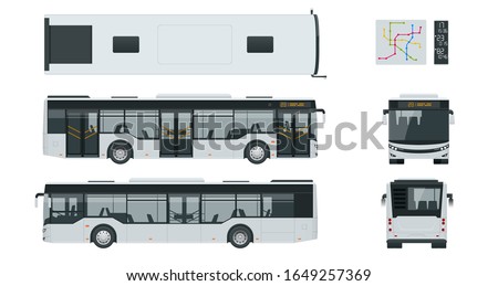 Passenger City Bus for branding identity and advertising design on transport. Blank City Bus side view, front, rear and from above. Blank City Bus template isolated on white background.