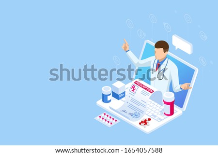 Isometric Online Medical Consultation. Health care Concept. Health Insurance, Online Prescription. Online diagnosis concept banner with characters.