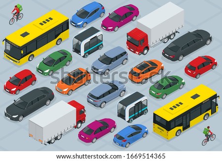 Flat 3d isometric high quality city transport car icon set. Bus, bicycle courier, Sedan, van, cargo truck, off-road, bike, mini and sport cars. Urban public and freight vehihle