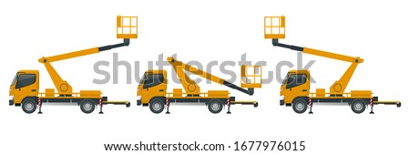 Yellow Engine Powered Scissor Lift isolated on white background. Vector illustration in a flat style. Modern Truck-mounted.