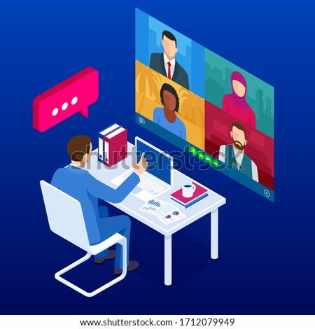 Isometric video conference. Online meeting work form home. Home office. Multiethnic business team. Stay at home and work from home concept during Coronavirus pandemic
