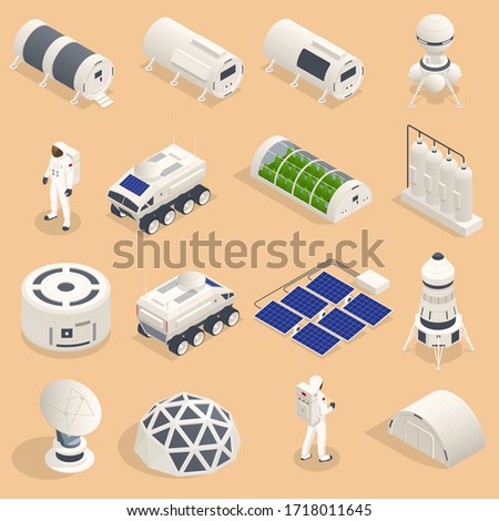 Isometric set of icons Space Equipment and Vehicles of space exploration with rockets artificial satellites, planets with Astronauts, isolated.