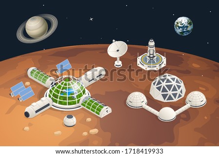 Isometric Mars Colonization, Biological terraforming, Paraterraforming, Adapting humans on Mars. Astronautics, space technology. Communication Center with Residential Compartments, Base Infrastructure