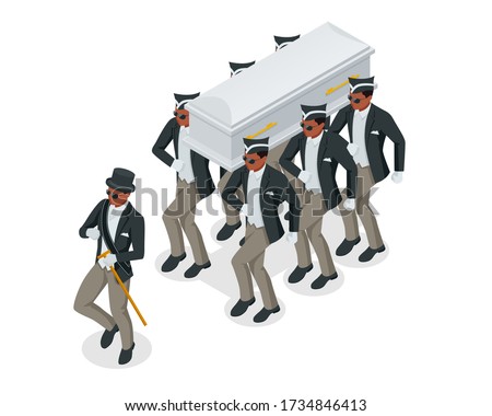 Dancing Coffin. Meme with black men who carry the coffin and dance. Isometric illustration