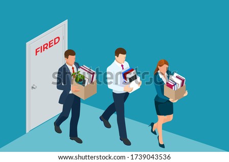 Unemployment, loss job, crisis, jobless and employee job reduction. Dismissed sad man carrying box with her things. Isometric vector illustration ストックフォト © 