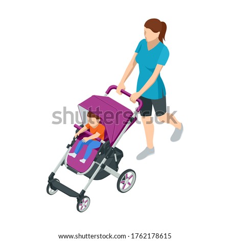 Isometric baby carriage isolated on a white background. Kids transport. Strollers for baby boys or baby girls. Woman with baby stroller walks. Theme of motherhood and fatherhood