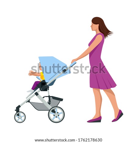 Baby carriage isolated on a white background. Kids transport. Strollers for baby boys or baby girls. Woman with baby stroller walks. Theme of motherhood and fatherhood