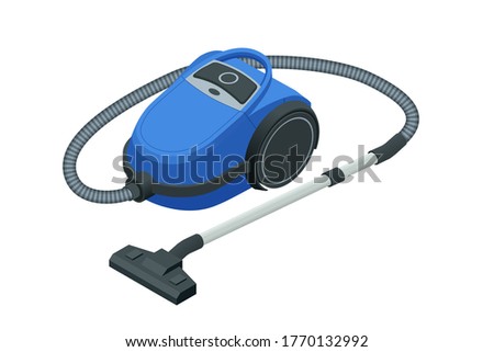 Isometric vacuum cleaner isolated on white background. Blue vacuum cleaner. Cleaning service concept. Disinfection and cleaning.