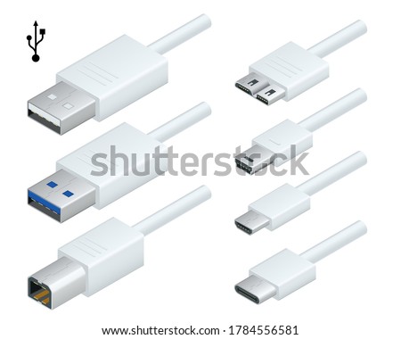 Isometric white usb types port plug in cables set with realistic connectors. Connector and ports. USB type A, type B, type C, Micro, Mini, MicroB and type 3.0