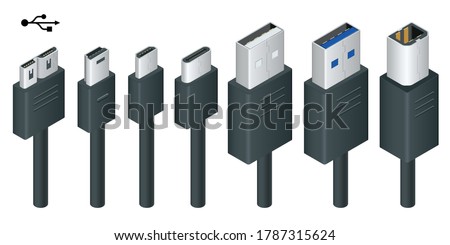 Isometric black usb types port plug in cables set with realistic connectors. Connector and ports. USB type A, type B, type C, Micro, Mini, MicroB and type 3.0