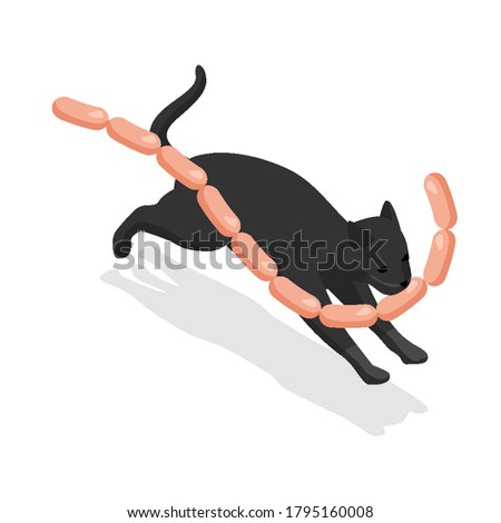 Isometric black cat steals delicious sausages. The cat runs away with a sausage in its mouth.