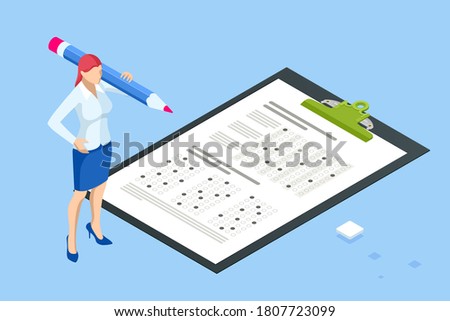 The student filling out answers to exam test answer sheet with a pencil. Education concept. Isometric vector illustration