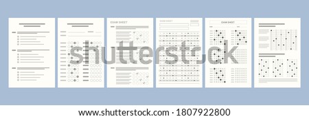 Flat different versions of tests on paper. School and Education. Test score sheet with answers