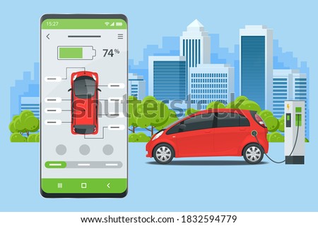 Concept of electric vehicle charge, mobile application for charge management. Car fuel manager smartphone interface.