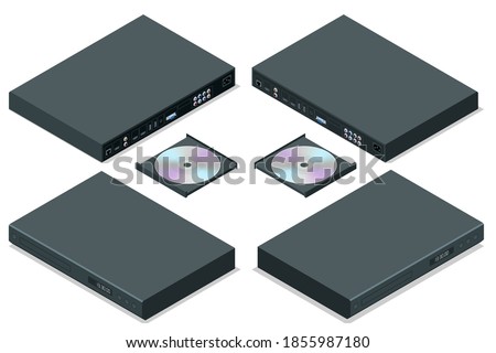 Isometric Blue-ray player with a disk, isolated. DVD player ejecting disc with remote control isolated on white background