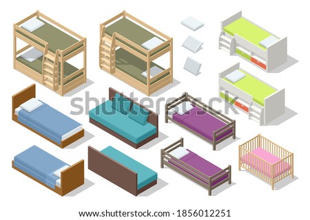 Isometric set of different types of beds for children and teenagers isolated on white. Icons of wooden furniture. 商業照片 © 