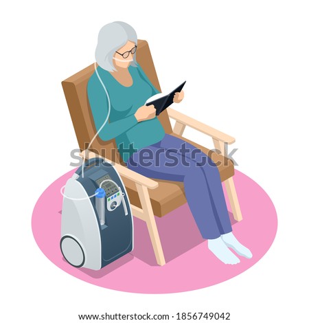 Isometric Home Medical Oxygen Concentrator. Concept of healthcare, life, pensioner. Senior woman with Chronic obstructive pulmonary disease with supplemental oxygen Foto d'archivio © 
