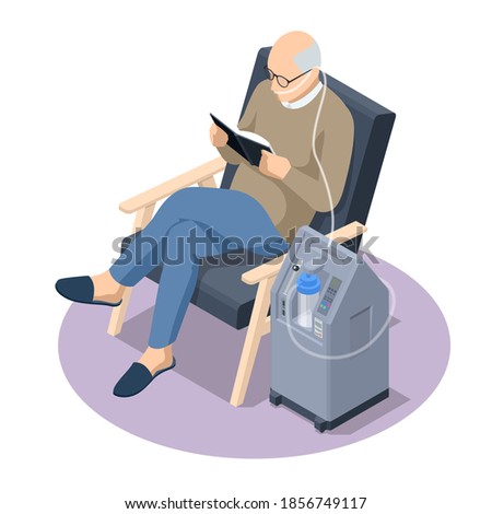 Isometric Home Medical Oxygen Concentrator. Concept of healthcare, life, pensioner. Senior man with Chronic obstructive pulmonary disease with supplemental oxygen Photo stock © 