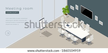 Isometric modern meeting room interior with empty poster on concrete wall, equipment.