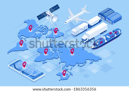 Isometric Global logistics network concept. Freight shipping. Satellite tracks the movement of freight transport. Maritime, air shipping transport logistic, warehouse storage concept, export or import