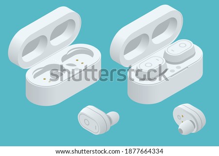 White Wireless Earphones and Case isolated on a white background. Bluetooth headphones in isometric design. Bluetooth headphones for listen audio