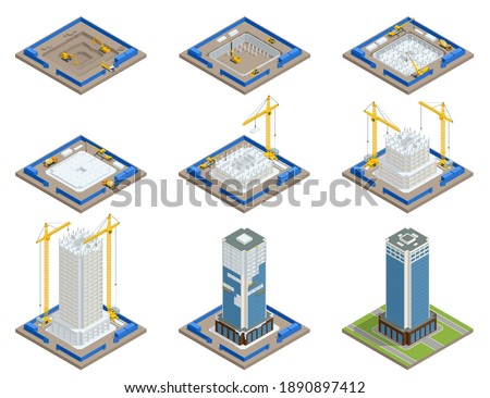 Isometric Skyscraper construction process. Building crane, multi-storey building under construction.