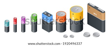 Isometric Alkaline Battery, Accumulators. Alkaline cylinder, accumulator and coin cells. Group of different size colour batteries isolated on white background