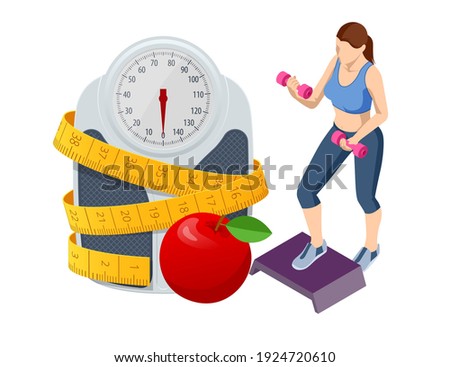 Isometric Healthy food and Diet planning concept. Healthy eating, personal diet or nutrition plan from dieting expert. Nutrition consulting, diet plan