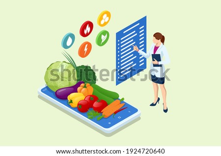 Isometric Healthy food and Diet planning concept. Healthy eating, personal diet or nutrition plan from dieting expert. Nutrition consulting, diet plan