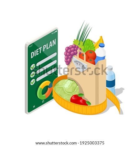 Isometric Healthy food and Diet planning on smartphone. Healthy eating, personal diet or nutrition plan from dieting expert. Nutrition consulting, diet plan