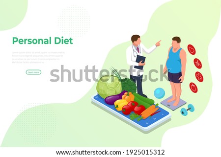 Isometric Healthy food and Diet planning concept. Healthy eating, personal diet or nutrition plan from dieting expert. Nutrition consulting, diet plan. Excess weight