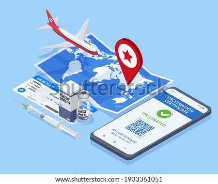Isometric Air travel world globe airline tickets. Mobile phone with immune digital health passport for covid-19. COVID-19 Immunity Passport, immunity certificate, vaccination. Air travel concept