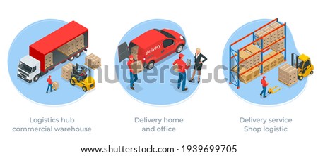 Isometric Logistics and Delivery Infographics. Delivery home and office. City logistics. Online Express, Free, Fast Delivery, Shipping concept.
