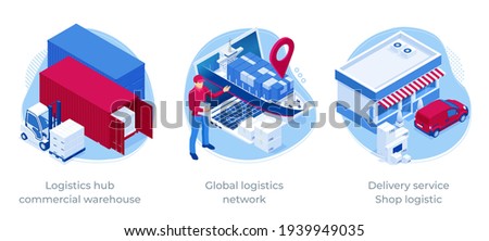 Global logistics network isometric illustration Icons set of air cargo trucking rail transportation maritime shipping On-time delivery Vehicles designed to carry large numbers of cargo