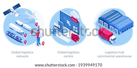 Global logistics network isometric illustration Icons set of air cargo trucking rail transportation maritime shipping On-time delivery Vehicles designed to carry large numbers of cargo