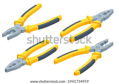 Isometric metal pliers with rubber handles black and yellow color isolated on white background. Hand tools for repair, construction and maintenance Imagine de stoc © 