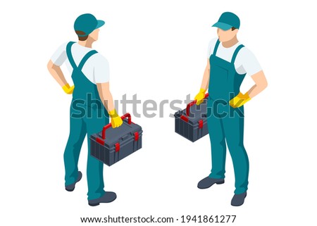 Isometric repairman or mechanic with a toolbox. Man working, holds toolbox with instrument