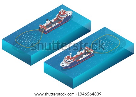 Isometric shipping seafood industry boat isolated on white background. Fishing commercial ships, fisher sea boat Sea fishing, ship marine industry, fish boat. Fishing boat, fishing vessel.
